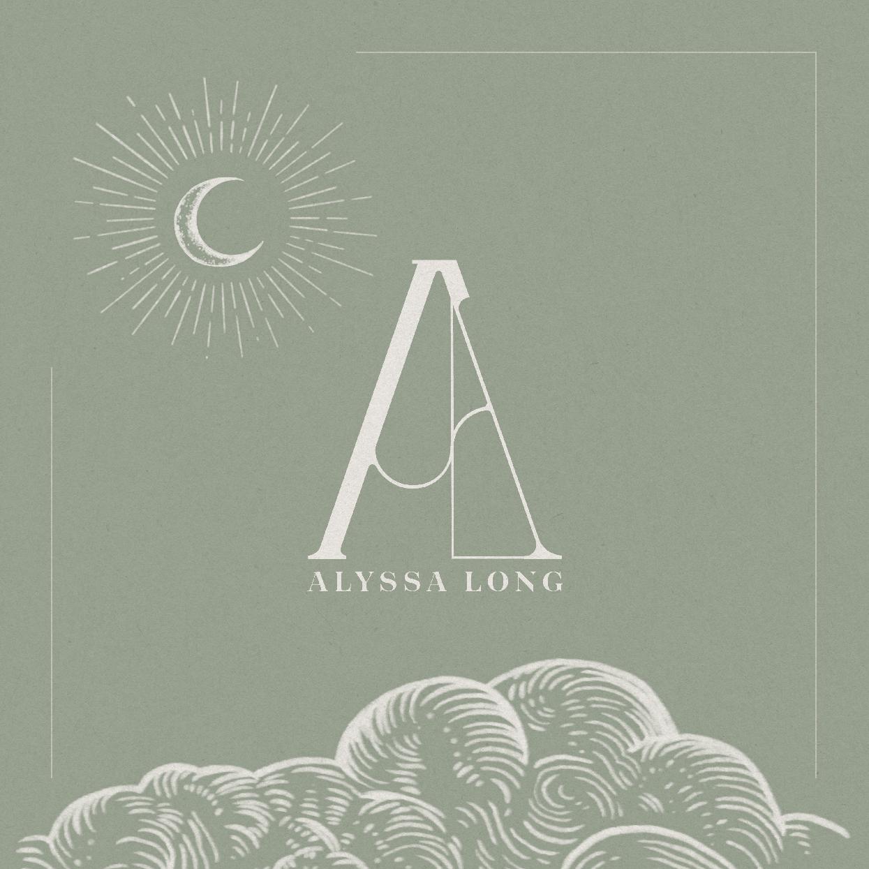 Calming sage green front cover with rolling white clouds and an illustrative letter A bedecked by a crescent moon