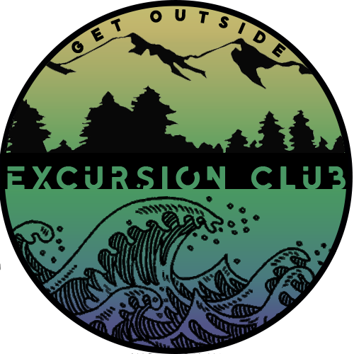 UCSB Excursion Club logo by Rachel Johnson. Mustard yellow transitions to deep ocean blue against the silhouette of crashing waves, lush forest trees and towering mountains.